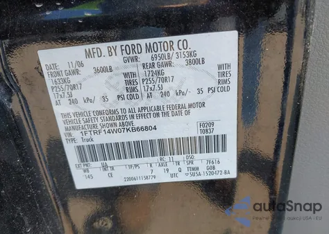 2007 Ford F-150 Stx/Xl/Xlt из США, поврежденный, VIN 1FTRF14W07KB66804